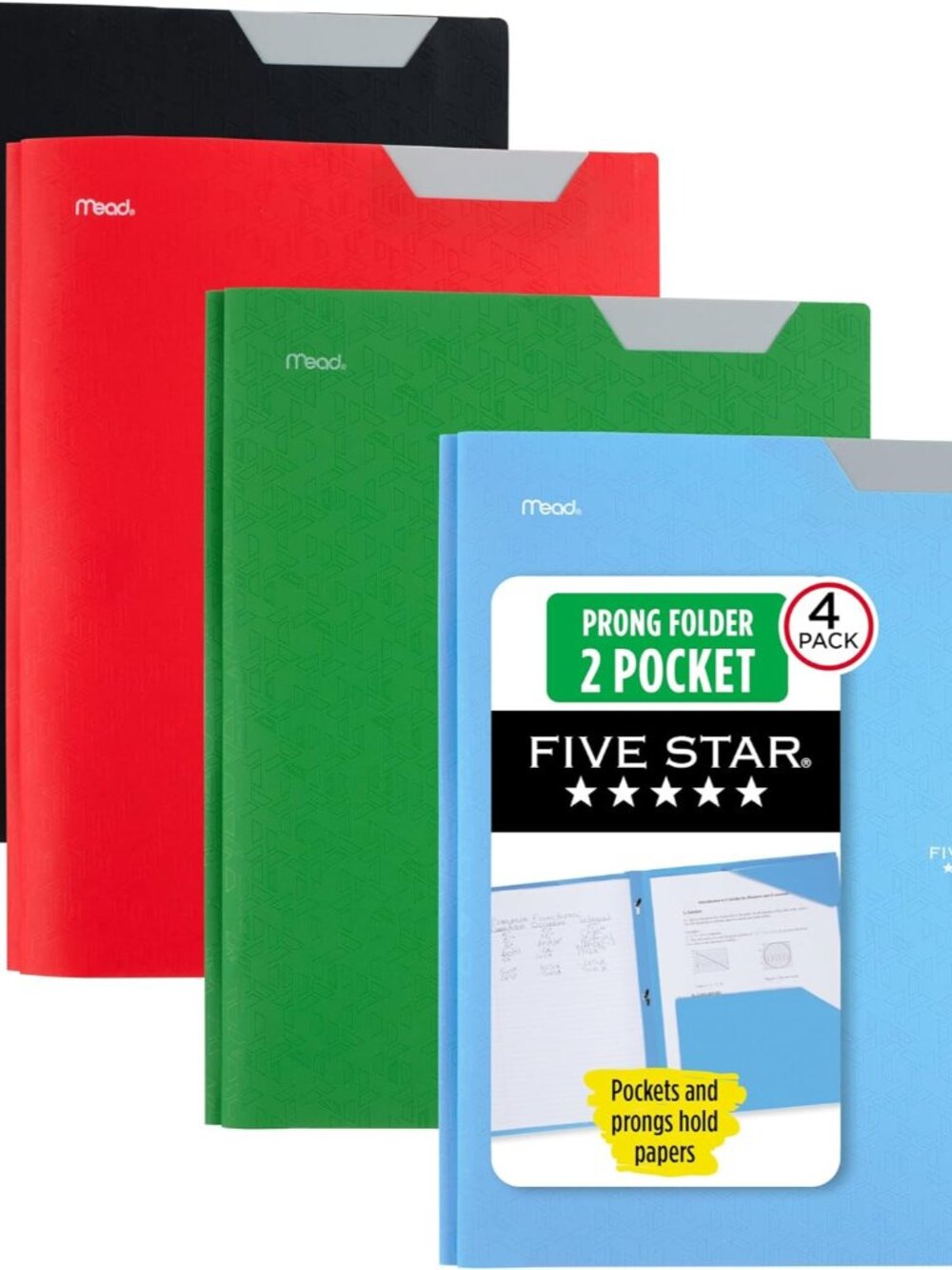 2-Pocket Plastic Folder with Stay-Put Tabs and Prong Fasteners, Holds 8.5" x 11"